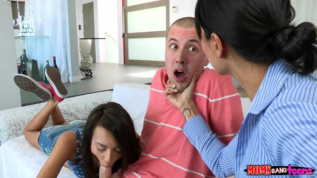 Asian mom wants to see girl giving blowjob to boyfriend on couch